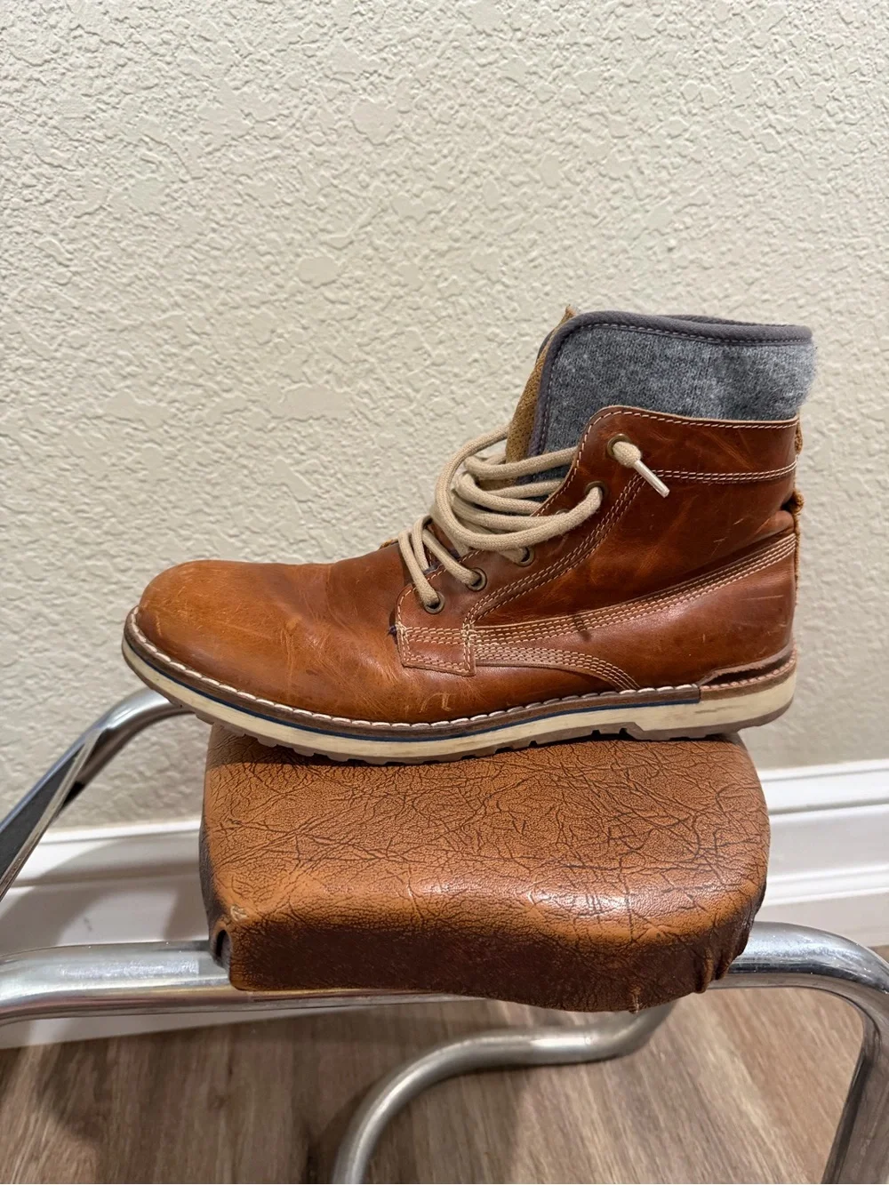 Aldo Tan Distressed Leather Chukka Boots with Gray Knit Collar